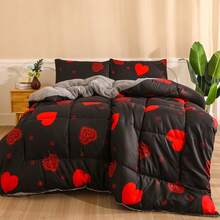 1pc Printed Thick Quilt, Reversible, Soft And Comfortable - Love Black - View 9