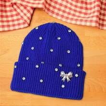 Women Knitted Hat, Bow Pearls Shiny Rhinestones Soft Crochet Hat Warm Winter Cap For Indoor Outdoor - Xanh đậm - Xem 2