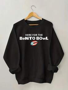 Women's Benito Bowl Game Day Sweater - Football Fan Apparel Pullover With "Here For The Bowl" Text & Bowl Logo, Casual Winter Sweaters For Games, Parties, Machine Washable Fall Outfits For Events,Graphic Crew Neck Sweatshirt, Long-Sleeve Pullover Comfy Loose Top (Perfect For Game Day And Valentine's Day) - 黑色 - 查看 1