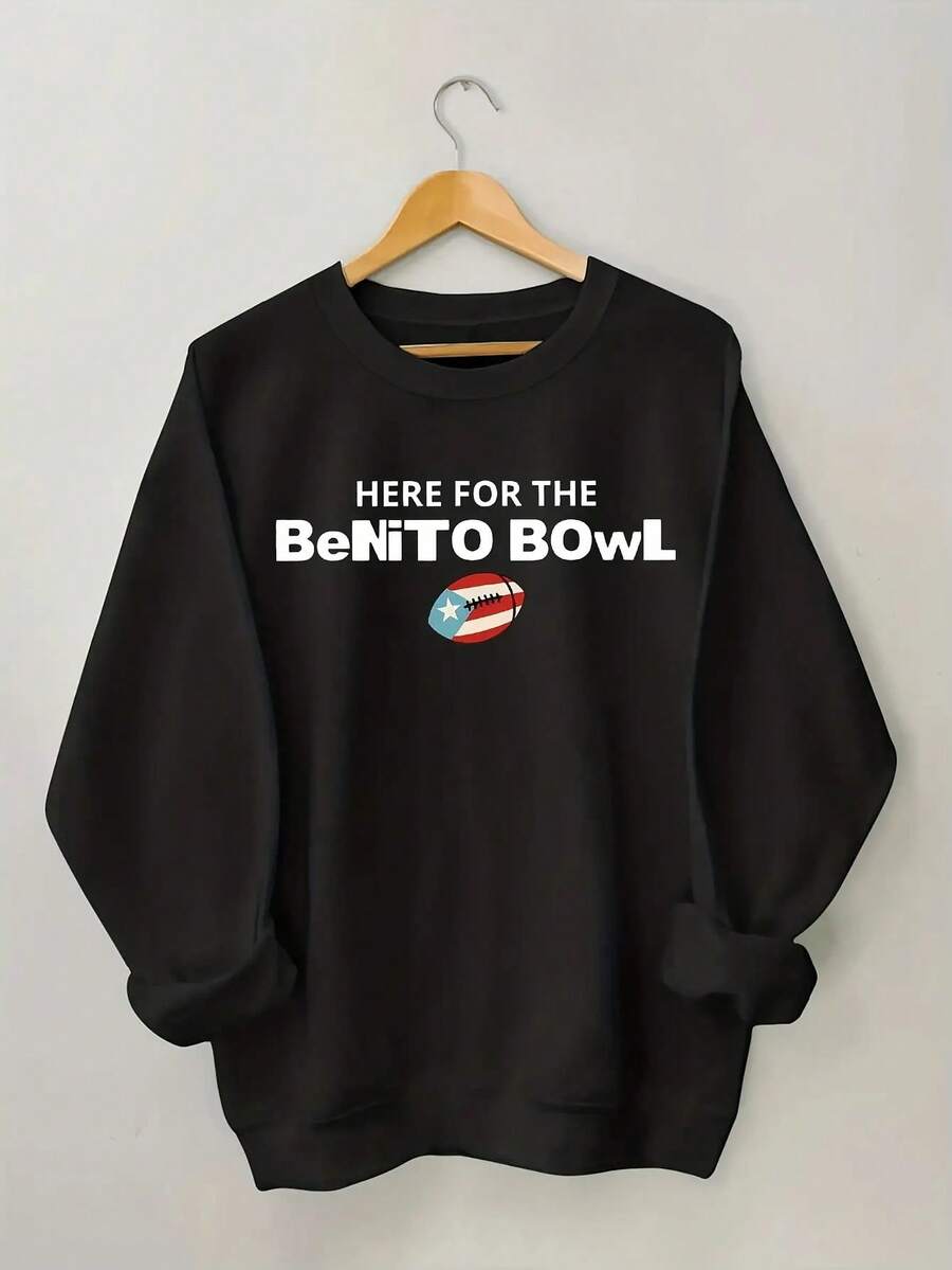 Women's Benito Bowl Game Day Sweater - Football Fan Apparel Pullover With "Here For The Bowl" Text & Bowl Logo, Casual Winter Sweaters For Games, Parties, Machine Washable Fall Outfits For Events,Graphic Crew Neck Sweatshirt, Long-Sleeve Pullover Comfy Loose Top (Perfect For Game Day And Valentine's Day) - 黑色 - 查看 1
