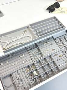1/9 Pieces Gray Velvet Jewelry Display Tray, Stackable Jewelry Storage Tray, Jewelry Organization Tray, Drawer-Style Jewelry Display Cabinet, Suitable For Earrings, Necklaces, Bracelets, Rings, Multiple Sizes - Multicolor - View 4