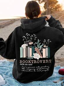 Women Bookworm Graphic Hoodie Casual Black Pullover With Floral Book Design Booktrovert Print All-Season Comfort Book Lover Gifts S M L XL XXL XXXL - 黑色 - 查看 2