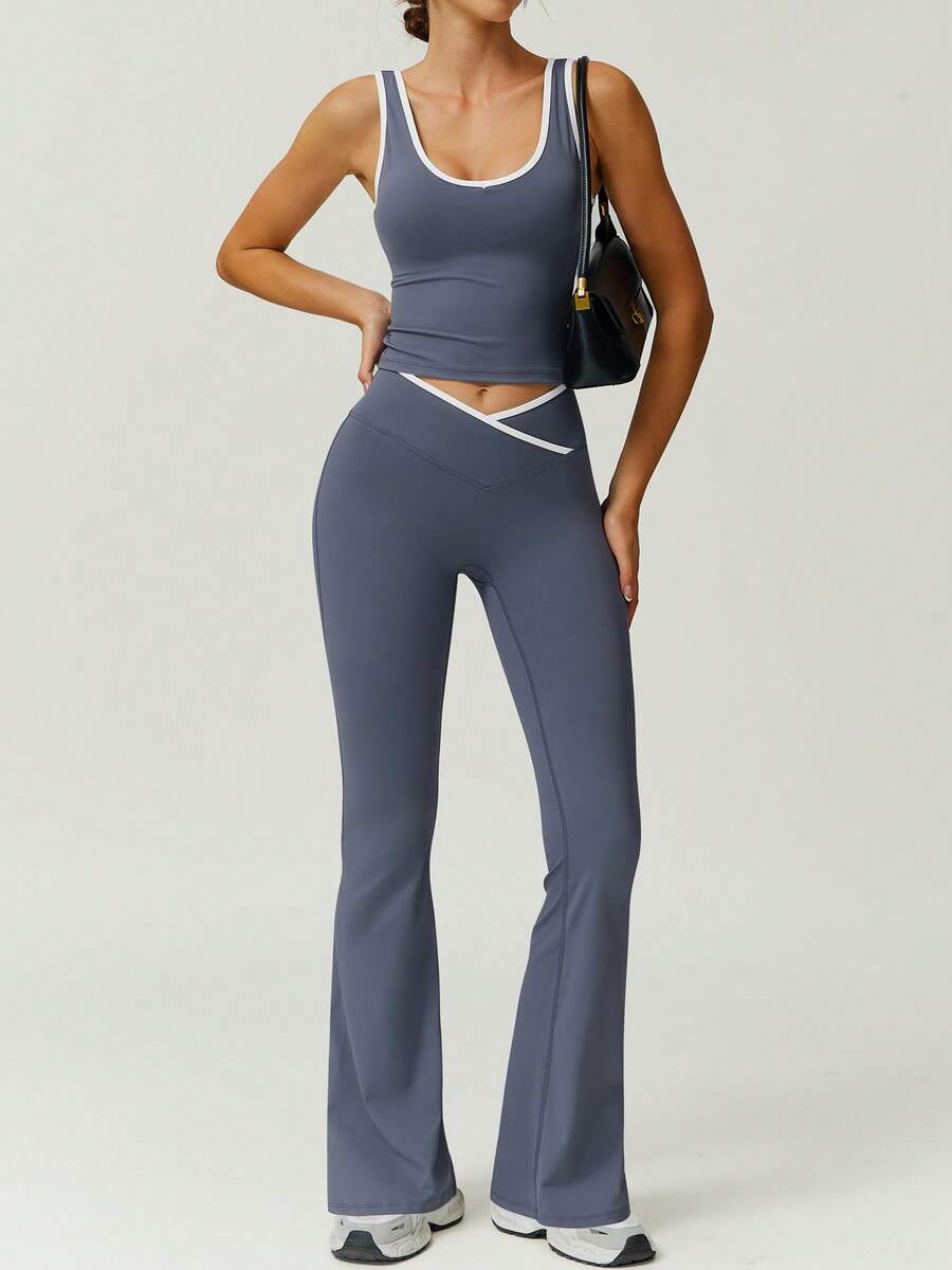 NcmRyu 1 Set Women's High Elasticity Contrast Color V-Neck Slim Waist Tank Top And Pants Sports Suit Summer - 霧霾藍 - 查看 1