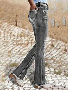 Quần jeans nữ ống loe dáng ôm, có túi trước, thích hợp cho kỳ nghỉ xuân. - Xám - Xem 3
