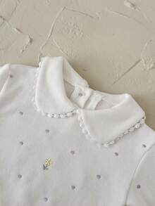 2 件套女婴花卉刺绣彼得潘领长袖运动衫和荷叶边下摆裤子套装，春秋 - 白色 - 查看 10