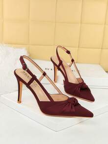 European & American Style Satin Bow Pointed Toe Slip-On High Heel Pumps, Low Vamp Backless Women Party Shoes - Burgundy - View 4