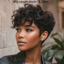 Women'S Layered Short Curly Pixie Cut Wig With Bangs - Remy Peruvian Human Hair, Glueless Full Machine Made Curly Wave Wig, Music Festivals & Everyday Styling - Density, Suitable For All Light Types, Short Hair Wig