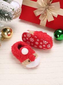 舒适毛绒圣诞主题婴儿拖鞋，冬季软底婴儿鞋 - 紅色 - 查看 2