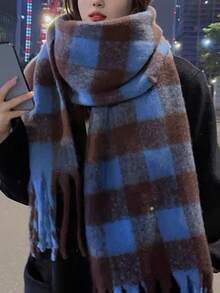New Plaid Scarf For Women, Thick & Warm, Versatile, Korean Style, Suitable For Students & Couples, Autumn/Winter For Dress - Royal Blue - View 3