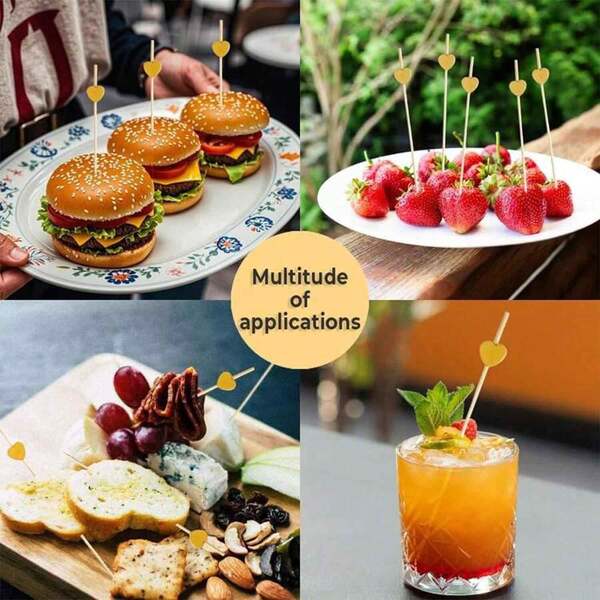 100/50/10pcs, 12cm Heart-Shaped Bamboo Skewers For Cupcakes, Fruit, Salad, Cocktails, Wedding Decoration; Gold Heart-Shaped Cocktail Sticks, Sandwich & Appetizer Bamboo Toothpicks, Summer Party Supplies