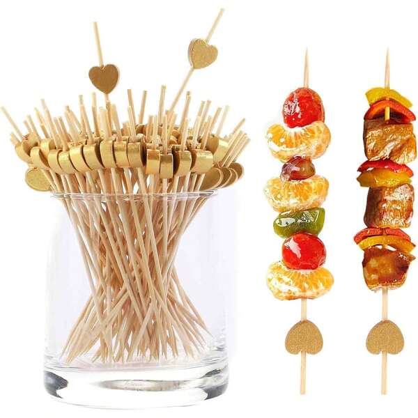 100/50/10 peças, espetos de bambu em formato de coração de 12 cm para cupcakes, frutas, saladas, coquetéis, decoração de casamento; palitos de coquetel em formato de coração dourado, palitos de dente de bambu para sanduíches e aperitivos, artigos para festas de verão