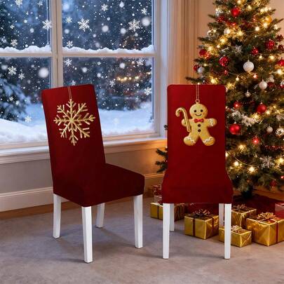 1 Pieza/4/6/8/36 Funda de silla navideña moderna y minimalista, a prueba de polvo, extraíble, lavable, resistente a las manchas, impermeable, elástica, con diseños de hombre de jengibre, bastón de caramelo y copos de nieve. El juego de mesa y silla estacional de 17.7 x 23.6 pulgadas se puede usar para decoración, decoración de banquetes, decoración del hogar, decoración navideña y artículos para fiestas