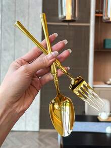 3pcs/15pcs/30pcs Slim Waist Design Stainless Steel Cutlery Set, Steak Knife Fork Spoon Suitable For Kitchen Restaurant Wedding Party Holiday Gift - Gold - View 2