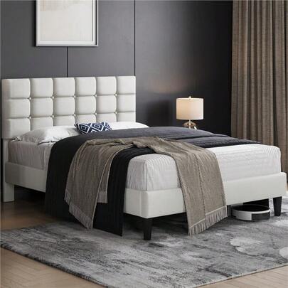Queen/Full Upholstered Bed Frame Modern Platform With Tufted Headboard, Beige