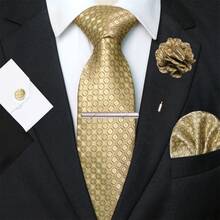 1件/2件/3件/5件 男士金色圓形圖案領帶、口袋巾、銀色領帶夾、袖扣與領口針組合套裝，適用於職場、商務、會議、婚禮、畢業典禮等場合，男士生日禮物配件 - 金色 - 查看 12