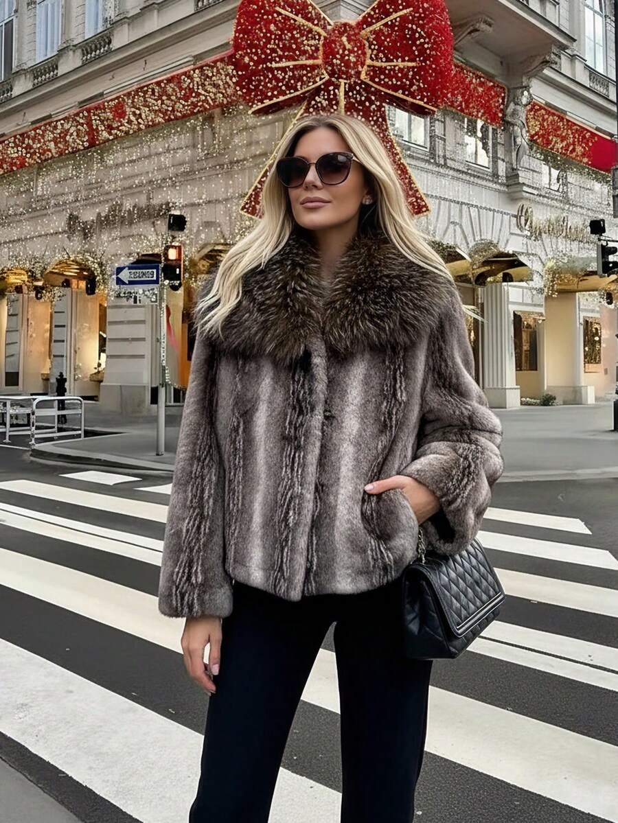 女式仿皮草优雅休闲夹克，秋冬 - 淺灰色 - 查看 1