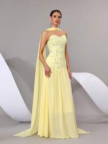 新款女士性感闪亮手工镶钻吊带长裙套装，露背修身长裙，优雅女士正式晚宴、婚礼、节日派对套装 - 黃色 - 查看 4