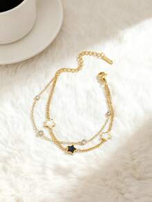 1pc Stainless Steel Gold Star & Shell Layered Bracelet, Minimalist Style For Women