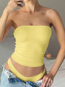 Camiseta básica sin tirantes elástica y ajustada de unicolor para mujer, apta para las cuatro estaciones, camiseta sin tirantes básica de primavera y verano, camiseta de moda - Amarillo - Ver 11