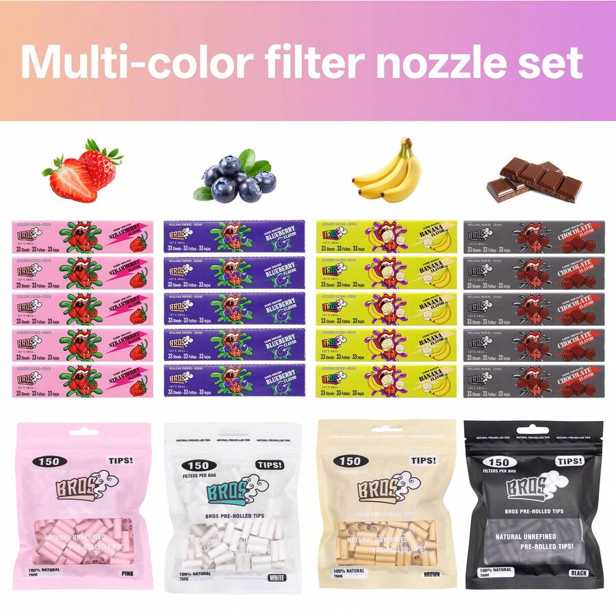 1 Set, incluye 150 filtros, 5 paquetes de papel de liar King Size de 110 mm con 4 sabores (fresa, plátano, arándano, chocolate), un gran regalo para seres queridos o amigos, adecuado para el Día de San Valentín, festividades, cumpleaños - Multicolor - Ver 1