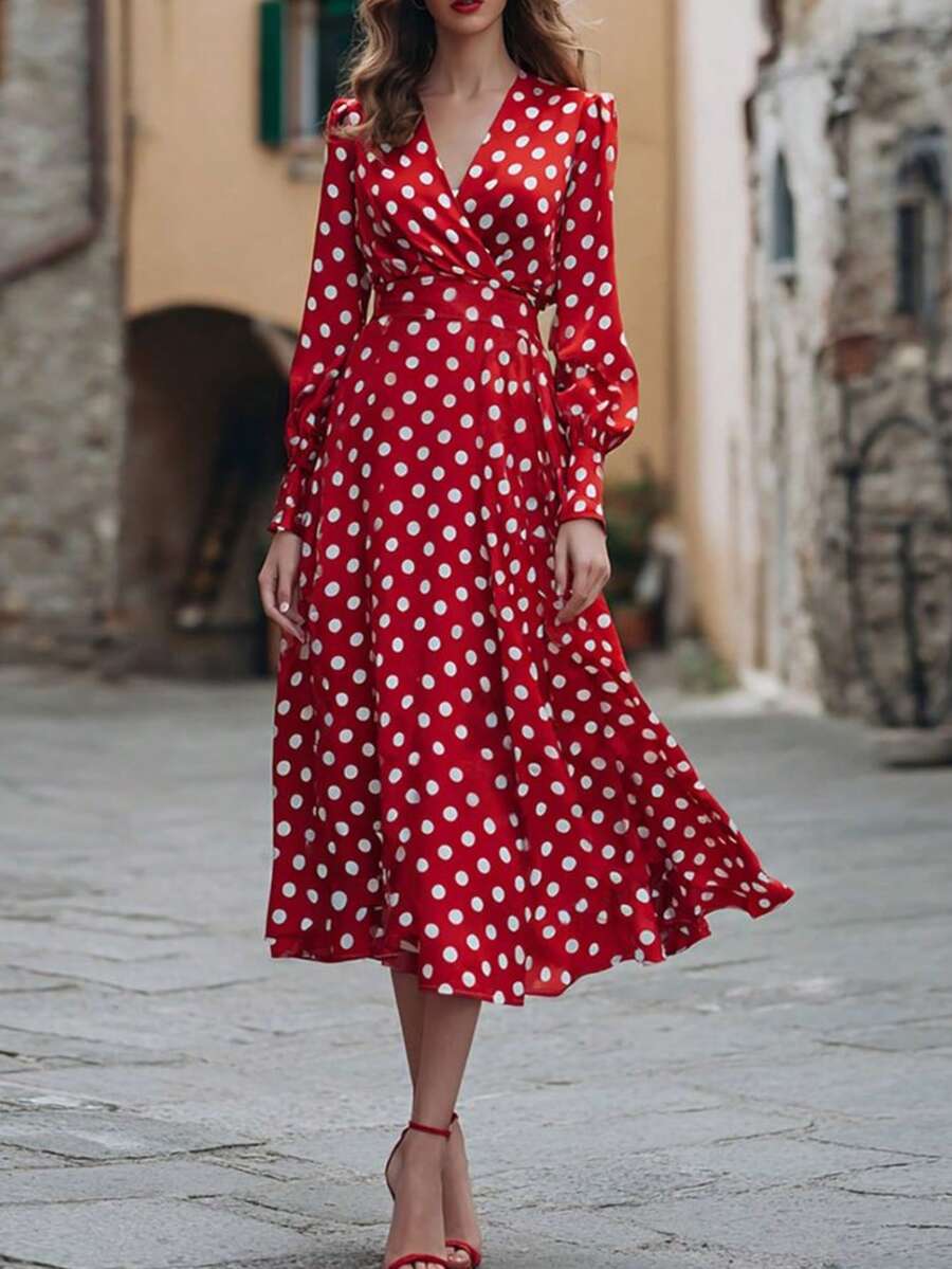 Damen Polka Punkt V-Ausschnitt Überschneidung Taille Slim Fit Langarm Lässig Kleid, Rot - Rot - Übersicht 1