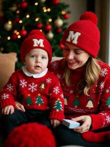 1 件亲子 A-Z 字母针织帽女童帽子儿童无檐帽婴儿配饰儿童帽子弹力学生女孩男孩帽子 - 紅色 - 查看 3