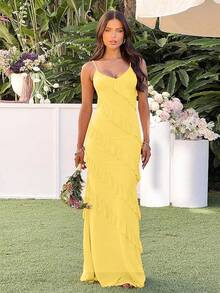 Women's Backless Bodycon Spaghetti Strap Elegant Ruffle Maxi Cocktail Party Dresses, 2025 QMO3 - 黃色 - 查看 3