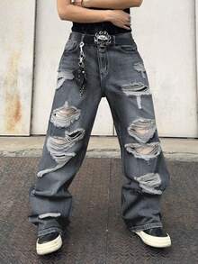 1 件男士破洞阔腿牛仔裤，复古美式风格破洞高街休闲宽松长裤（不含腰带和配饰）