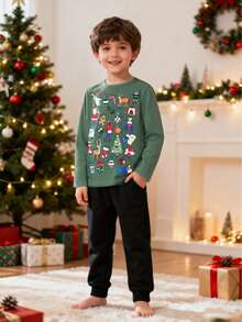 Christmas Boys' Long Sleeve Cartoon Printed T-Shirt, Autumn Winter Style - Green - View 3