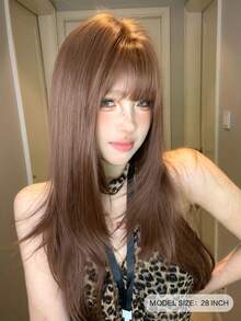alicegarden 1 Synthetic Fiber Material Long Straight Hair Wig With Bangs, Brown Long Straight Hair, Length 28 Feet, Fashionable Wig, Natural And Realistic - Brown - View 2