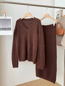 Women's Solid Color Relaxed Casual Long Skirt Minimalist Collar Long Sleeve Sweater + Skirt Knit Set, Slouchy Commute Versatile - Brown - View 2