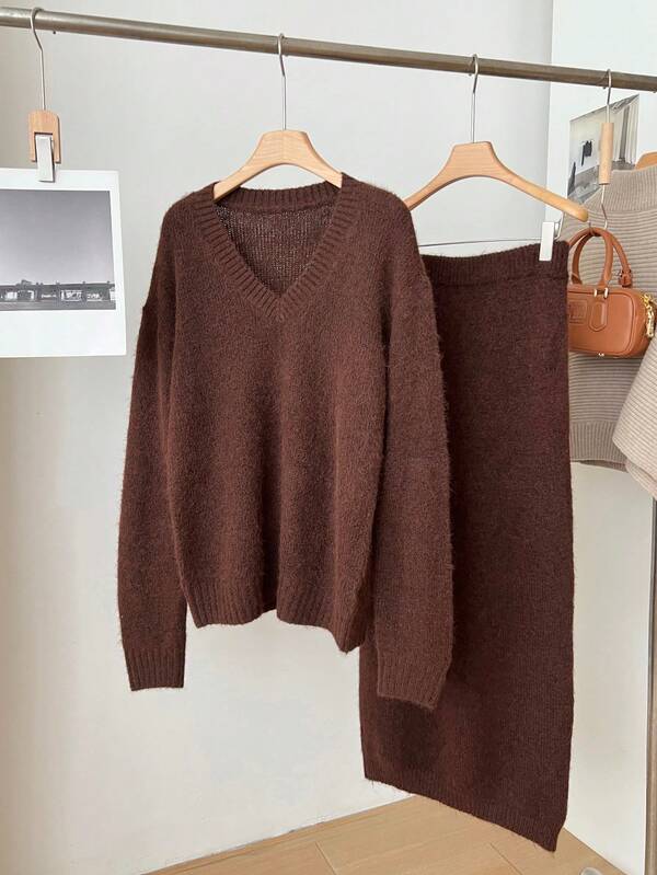 Solid Color Relaxed Casual Minimalist V-Neck Long Sleeve Sweater & Skirt Knit Two Pieces Set, Slouchy Versatile Office Wear