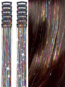 12件装闪亮发饰夹，20英寸闪光发饰接发片，夹式合成假发，发饰套装，耐热闪亮仙女发饰，适合女性和女孩日常佩戴、派对和万圣节，爪夹、发爪、发夹、发卡 - 彩色 - 查看 15