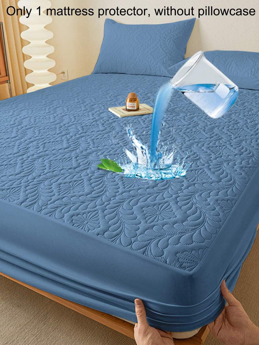 1pc Modern Simple Breathable Soft Denim Blue Patterned Mattress Protector, Bedroom Solid Color Moisture-Wicking Mattress Cover, Mattress Pad, Mattress Protector, Fitted Sheet (Pillow Case Not Included) - Blue - View 1