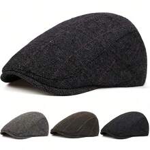1pc Men's Patchwork Beret Hat, Fashionable Geometric Pattern Newsboy Cap, Outdoor Casual Warm Front Closure Hat Suitable For Autumn/Winter, Street, Business, Party