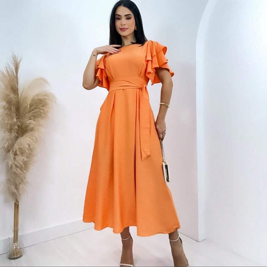 Duna Women's Long Midi Dress In Linen With Ruffle Sleeves And Belt - Salmon - View 1