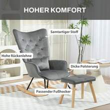 HOMCOM Rocking Chair With Stool, Relaxing Chair With Cushion, Velvet Look, Wingback Chair With Wooden Legs For Bedroom, Living Room, 66 X 96 X 101 Cm, Dark Grey