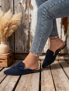 Musshoe Women's Pointed Toe Pleat Flat Mules, Slip-On Flats, Versatile Casual Loafers Suitable With Dresses, Soft And Comfortable Work Shoes, Spring/Summer/Autumn - 藏蓝色 - 查看 3