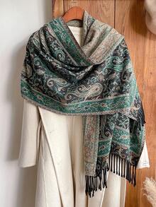 1件装 女士秋冬仿羊绒复古佩斯利提花波西米亚风保暖流苏围巾披肩 - 黑綠色 - 查看 5