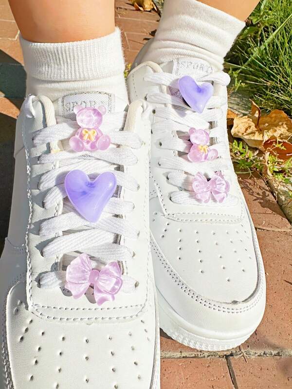 6 Stücke lila Herz, Teddybär, Schleife DIY Schuh Dekorationen, abnehmbare Accessoires für Sneaker, Lässig schuhe, Geschenke für Feiertage