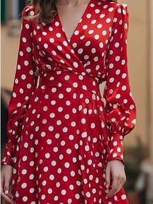 Damen Polka Punkt V-Ausschnitt Überschneidung Taille Slim Fit Langarm Lässig Kleid, Rot - Rot - Übersicht 2