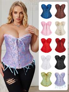 大码女士复古提花塑身衣，束胸式塑形提拉文胸上衣，适合晚宴、婚礼、万圣节等场合。