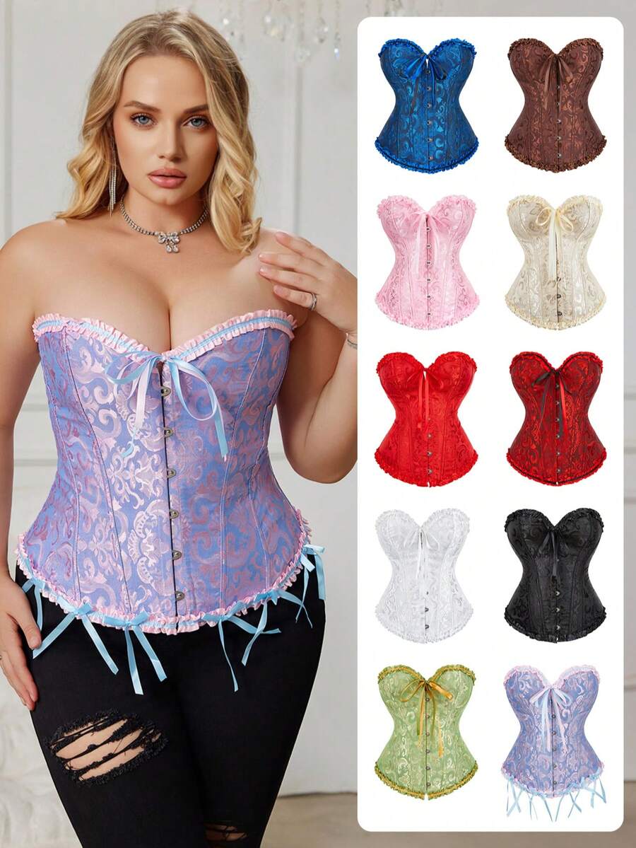 大码女士复古提花塑身衣，束胸式塑形提拉文胸上衣，适合晚宴、婚礼、万圣节等场合。