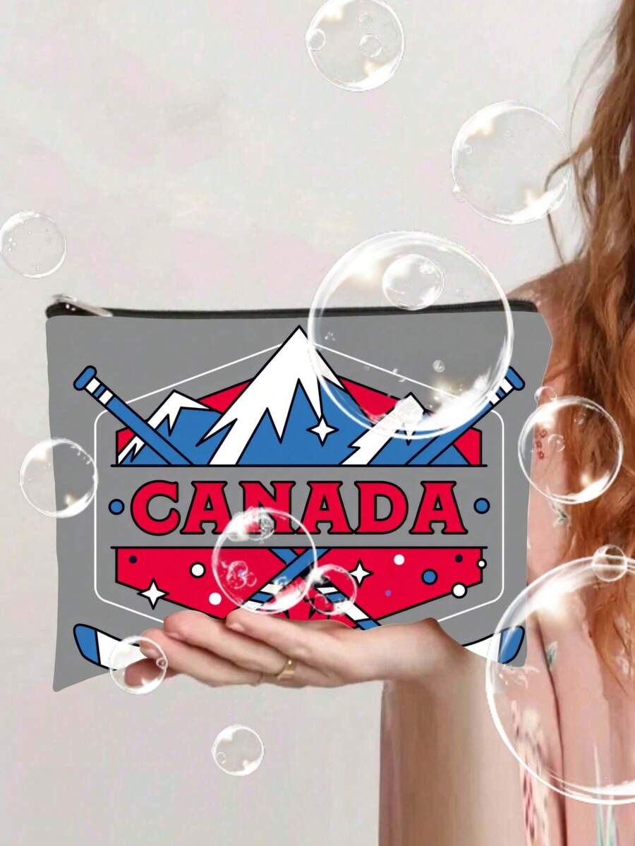 1pc Canada Landmark Printed Polyester Cosmetic Bag, Fashionable & Lightweight Travel Toiletry Pouch With Zipper Closure, Easy To Clean Makeup Bag, Suitable For Women - Multicolor - View 1