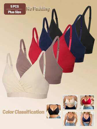 5pcs Plus Size Women's Seamless Minimalist Wireless Comfort Bras, Solid Color