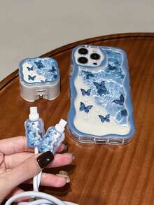 Ocean Element Blue Wave Ripple Pattern Blue Butterfly Design Battery Charger Cases 4pcs Set (1pc Wave Pattern Phone Case + 1pc Wave Pattern UK Plug Charger Protector + 2pcs Wave Pattern Data Cable Protectors) UV Painted Compatible With IPhone 17/17 Pro/17 Pro Max/Air/16/16 Pro/16 Pro Max/16 Plus/7/8/7P/8P/X/XS/XR/XS Max/11/11 Pro/11 Pro Max/12/12 Pro/12 Pro Max/12 Mini/13/13 Pro/13 Pro Max/14/14 Pro/14 Plus/14 Pro Max/15/15 Pro/15 Plus/15 Pro Max Spring Easter Birthday Gift - Multicolor - View 2