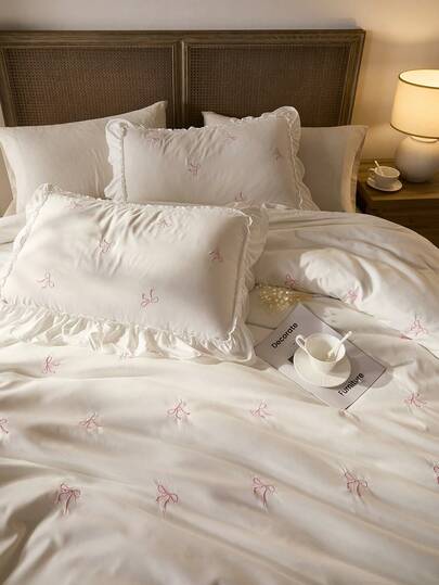 2/3pcs 100% Polyester Bow Embroidery, Ruffle Decor,Duvet Cover Set Without Filler,(1Duvet Cover &1/2 Pillowcases), Modern Polyester Bedding Set For All Season