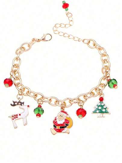 Santa Christmas Bracelet For Girls Alloy Oil Drop Tree Deer Design Teens Holiday Gift Party Favor
