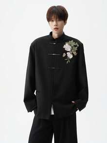 New Chinese Style National Style Peony Flower Embroidery Stand Collar, Stiff And High-Quality Suit Jacket, Men's Engagement Suit - màu đen - Xem 2