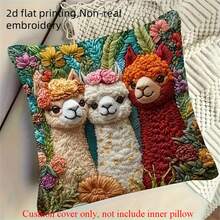 2D Flat Printing Spring 1pc Alpaca Pattern Pillow Cover, 45x45cm, Soft And Comfortable Polyester, Non-Real Embroidery, Zipper Closure, Hand Washable, Ideal For Farmhouse, Car, Office, Home Sofa Living Room And Bedroom Decor, No Insert Included - Red & Green - View 3